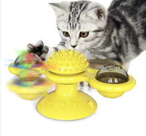 Cat Entertainment Set- Interactive Rotating Disk, Feather Teasers, Tumbler, Windmill Toy - Keeps Cats Active & Engaged (Option: Yellow)
