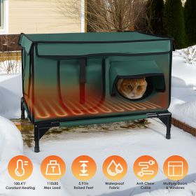 1Pc Waterproof Heated Cat House Outdoor Weatherproof Insulated Kitty Shelter Feral Cat Heating Bed With Heating Pad Anti-Chew Cord 2 Doors 3 Wind (Option: Green)